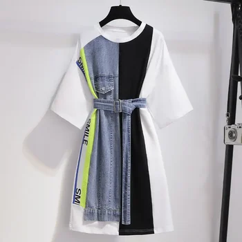 Letné Patchwork T Shirt Dress Ženy kórejský Ulzzang Príčinné Party Šaty s Oknami Streetwear Plus Veľkosť Falošné Dve Kus oblečenia M-4XL