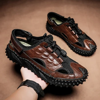 Letné pánske Sandále módne Vonkajšie Oka Sandále Mäkké Mužov Sandále Ručné originálne kožené Sandále Roman Outdoorové sandále mužov