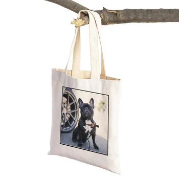 Francúzsky Buldog Psa Ženy Nákupní Taška Dvakrát Vytlačiť Opakovane Eco Cute Pet Zvierat Bežné Lady Shopper Tašky Plátno Kabelka Tote