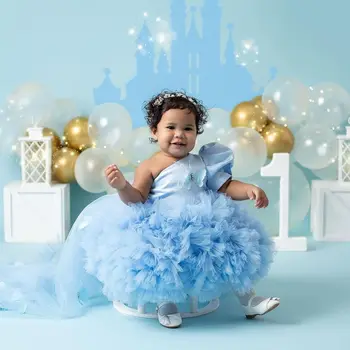 Jeden Ramenný Modrá Batole Detské Šaty pre Fotografovanie Viazané Volánikmi Detí, Narodeniny, Party Šaty Luk Kvetina Dievča Šaty