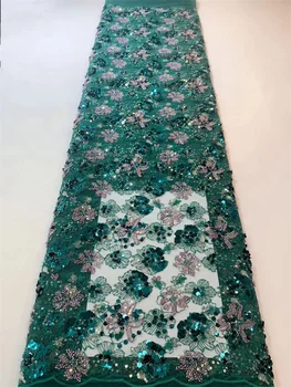 Luxusné Nigérijský Perličiek Trubice Vyšívané Čipky Zelená Tylu Textílie 5 Metrov 2023 Vysokej Kvality Pearl Sequined Textílie Na Spoločenské Šaty