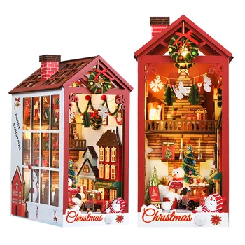 Diy Drevené Vianočné Knihy Kút Polica Vložiť Kit Miniatúrny Stavebné Súpravy Santa Claus je Miestnosť, Regál So Svetlom Bookends Dary