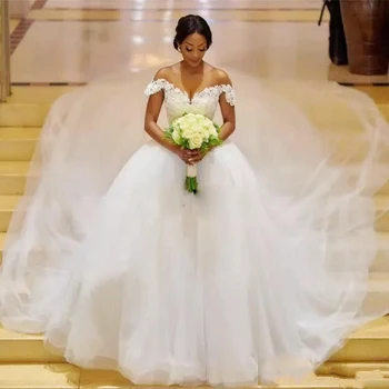 Najnovšie Afriky Luxusný Off Ramenný Korálkové Riadok Svadobné Šaty arabčina Milú Dlho Plus Veľkosť Svadobné Šaty Vestidos de novia