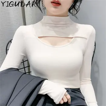kórejský módne dámske Sexy Dlhý Rukáv T-shirt Štýlový Hrudníka Duté Sa Chudnutie Bežné Všestranný Orezanie Hornej ženy tričko