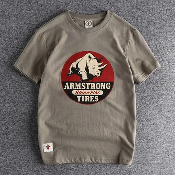Letné New American Retro-Krátke rukávy O-krku Rhino Vytlačené T-shirt pánske Módne Jednoduché 100% Bavlna Prať Bežné Šport Topy