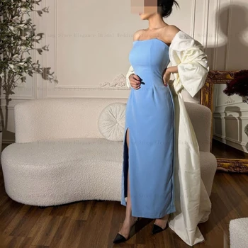 Modré a Biele Saténové Večerné Šaty s Bundy a Rukávy Dĺžka Podlahy Pevne Formálne Šaty s Split vestidos de fiesta