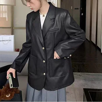 Ženy Kožená Bunda 2023 Kórejský Dámy Nadrozmerná Voľné Kabát Streetwear Kurtki Mujer Na Mieru Golier Veľké Vrecko Hnedé Blejzre