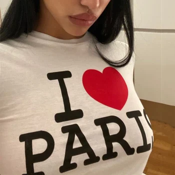 Milujem Paríž Tlačiť Bežné Hot Girl Vystavení Pupok All-zápas Baby Čaj Lete Grunge Harajuku Goth Plodín Topy T-shirt Y2k Streetwear