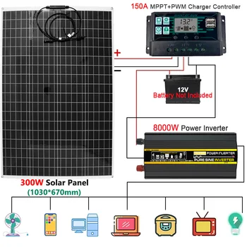 110V/220V Systém 300W PET Solárny Panel 150A Solárny Regulátor Nabíjania 6000W 8000W Invertor Núdzové Energie Súpravy