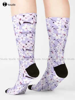 Čerešňový Kvet Na Šedá/ Levandule Ponožky Vlastné Ženy Ponožky Roztomilý Vzor Zábavné Jeseň Najlepšie Kreslené Harajuku 360° Digital Print Art