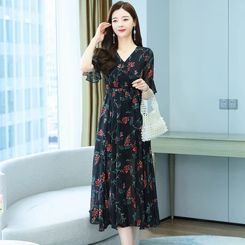 Jar Elegantné Šifón Šaty pre Ženy, kórejský Kvetinový tvaru Sukne Módne Office-lady Vysoký Pás Víla Šaty Župan Femme 24610