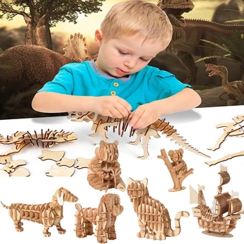 Deti 3D Drevené Puzzle, Simulácie Zvieracích Montáž Skeletu Model Hračka pre Deti DIY Rukách Remeslo Drevené Puzzle Hry Stavebných Kit