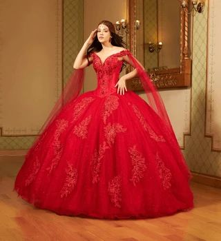 Červená Charro Quinceanera Šaty plesové Šaty tvaru Tylu Appliques Korálkové Opuchnuté Mexickej Sweet 16 Šaty 15 Anos
