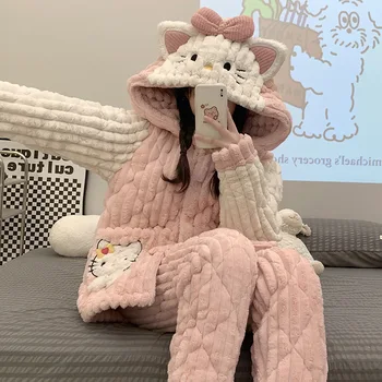 Nové Sanrio Hello Kitty Teplé Zimné dámske Pyžamo Domáce Oblečenie Sleepwear Dámy Flanelové Hrubé Coral Fleece Roztomilý Vianočné Darčeky
