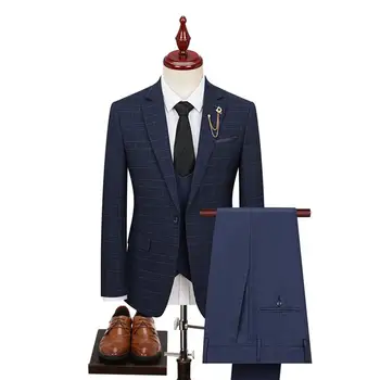 2023-Boutique (Sako+ Vesta + Nohavice) pánskej Módy Business Gentleman Bežné Tenký Klasický Kockovaný 3-dielna Sada Európskych Veľkosť XS-4XL